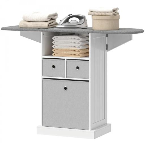 Mueble de Plancha con Ruedas Tabla de Planchar Plegable 3 Cajones de Tela 121x37x89,5 cm Blanco [10]