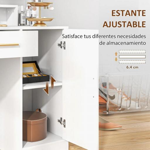 Tocador de Maquillaje con Taburete Espejo LED Cajones Estante Ajustable y Estantes Abiertos para Dormitorio Blanco [4]