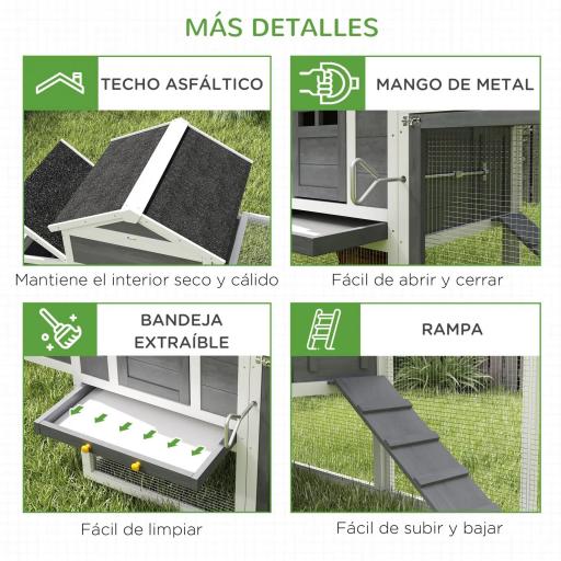 Gallinero de Madera Grande para 3-6 Gallinas con Techo Asfáltico Nido y Bandeja Extraíble 297,5x68x118 cm Blanco y Gris [3]