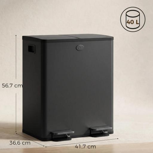 Papelera de Cocina de Acero Inoxidable con 2 Compartimentos 2x20L Pedal Tapas de Cierre Suave y Cubo Extraíble Negro [1]