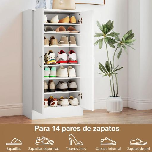 Zapatero Entrada Recibidor con 2 Puertas 6 Estantes Ajustables para 14 Pares de Zapatos 55x35x108 cm Blanco [2]