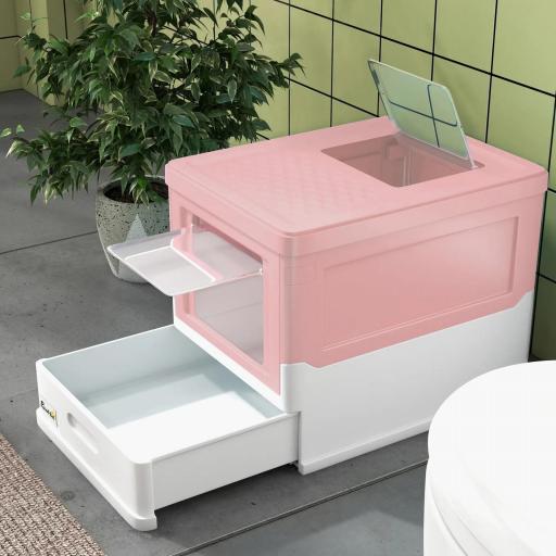 Arenero Cubierto para Gatos Desmontable con Entrada Frontal y Salida Superior con Pala 47,5x35,5x36,7 cm Rosa y Blanco [6]