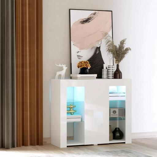 Aparador Moderno con Luces LED Mueble Buffet con 1 Puerta de Alto Brillo Cierre a Presión Estantes Ajustables y Control Remoto 97x35x83 cm Blanco [9]