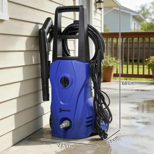 Hidrolimpiadora 1600W Caudal 432 L/h Bomba de Aluminio Presión de 130 Bar Manguera 6m Incluye Cepillo 23.5x27x68 cm Azul [1]