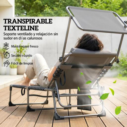 Set de 2 Tumbonas Plegables con Reposacabezas Parasol Bolsillo Lateral y Respaldo Reclinable en 5 Posiciones Gris [4]