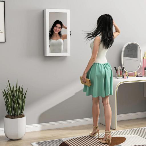 Espejo Joyero de Pared con Cerradura y Varios Compartimentos Montar en Pared o Puerta Blanco y Forro Crema [5]