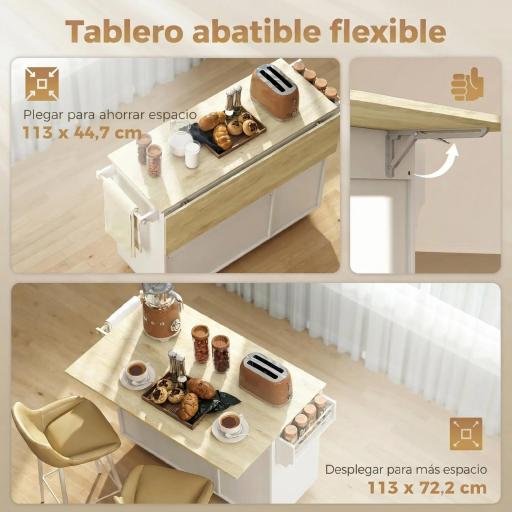 Isla de Cocina con Encimera Abatible Ruedas Puertas Correderas de Vidrio Botellero Cajón Especiero Estante Ajustable [4]
