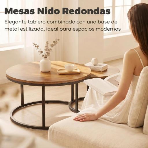 Set de 2 Mesas de Centro Redondas Mesas Nido Industriales con Estructura Metálica para Salón o Dormitorio Marrón [5]