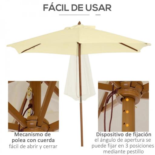 Sombrilla Parasol de Madera 250x230 cm para Exterior con 6 Varillas Sistema de Polea Color Crema [4]