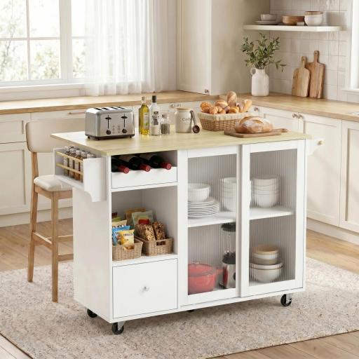 Isla de Cocina con Encimera Abatible Ruedas Puertas Correderas de Vidrio Botellero Cajón Especiero Estante Ajustable [0]