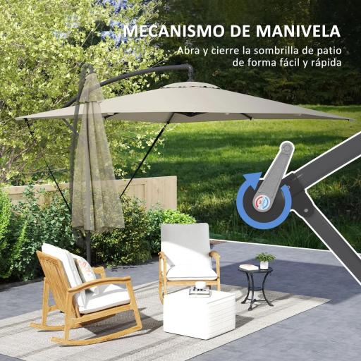 Parasol Excéntrico 247x247 cm con Base Cruzada Manivela Funda Protectora y Toldo Giratorio 360° 247x247x256 cm Caqui [6]