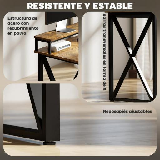 Escritorio Industrial con Luces LED y Estación de Carga con Patas Ajustables y Soporte en X 130x110x91 cm Madera Rústica [5]