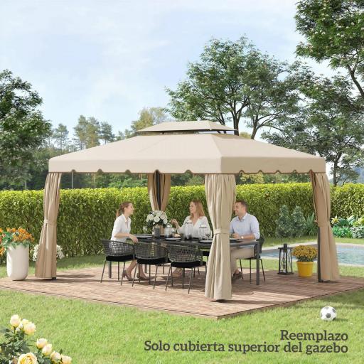 Toldo de Recambio para Cenador 4x3 m con Techo Doble Orificios de Drenaje Solo Toldo NO Incluye Marco Beige [5]