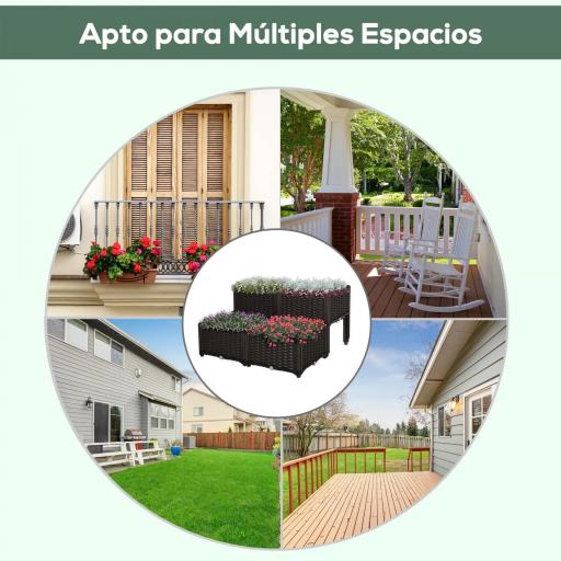 Juego de 4 Jardineras de Exterior Cuadradas Imitación a Mimbre Combinación Libre para Jardín Patio 40x40x26/44 cm Marrón [5]