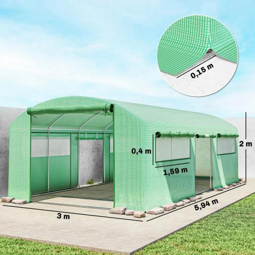 Invernadero de Túnel 6x3x2 m con 3 Puertas Enrollables 6 Ventanas de Malla y Estructura de Acero Galvanizado Verde [1]