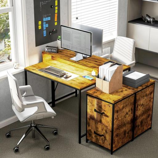 Mesa de Escritorio con Luces LED Tomas de Corriente Soporte para Monitor y Control Remoto 100x50x90,5 cm Marrón Rústico [3]