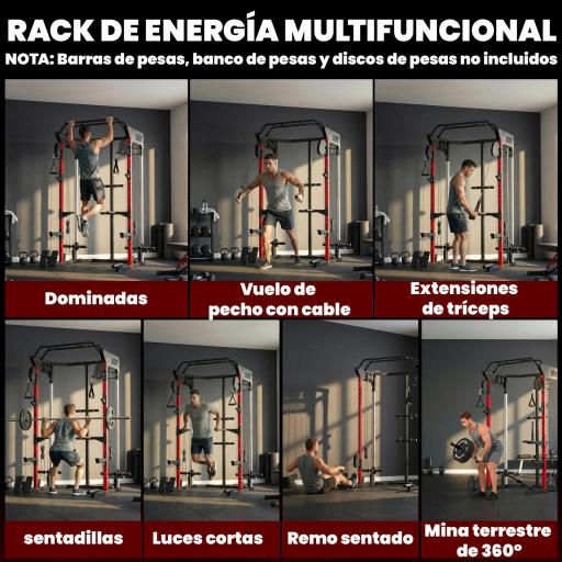 Jaula de Potencia Smith Machine, Rack para Sentadillas con Sistema Polea Ajustable Barra Dominadas y Estación de Fondos [2]