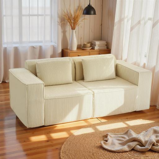 Sofá de 3 Plazas Tapizado en Pana Acolchado Grueso Asiento Extra Profundo Reposabrazos Anchos Montaje Rápido Beige [3]
