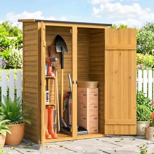 Caseta de Jardín de Madera 115x53x156 cm Armario para Herramientas con Puertas Dobles y Estantes Techo Inclinado Marrón [0]