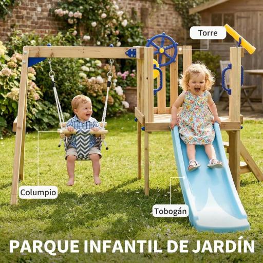 Columpio y Tobogán Infantil Exterior de Madera con Volante Telescopio para Niños de 18-48 Meses Madera Natural [2]