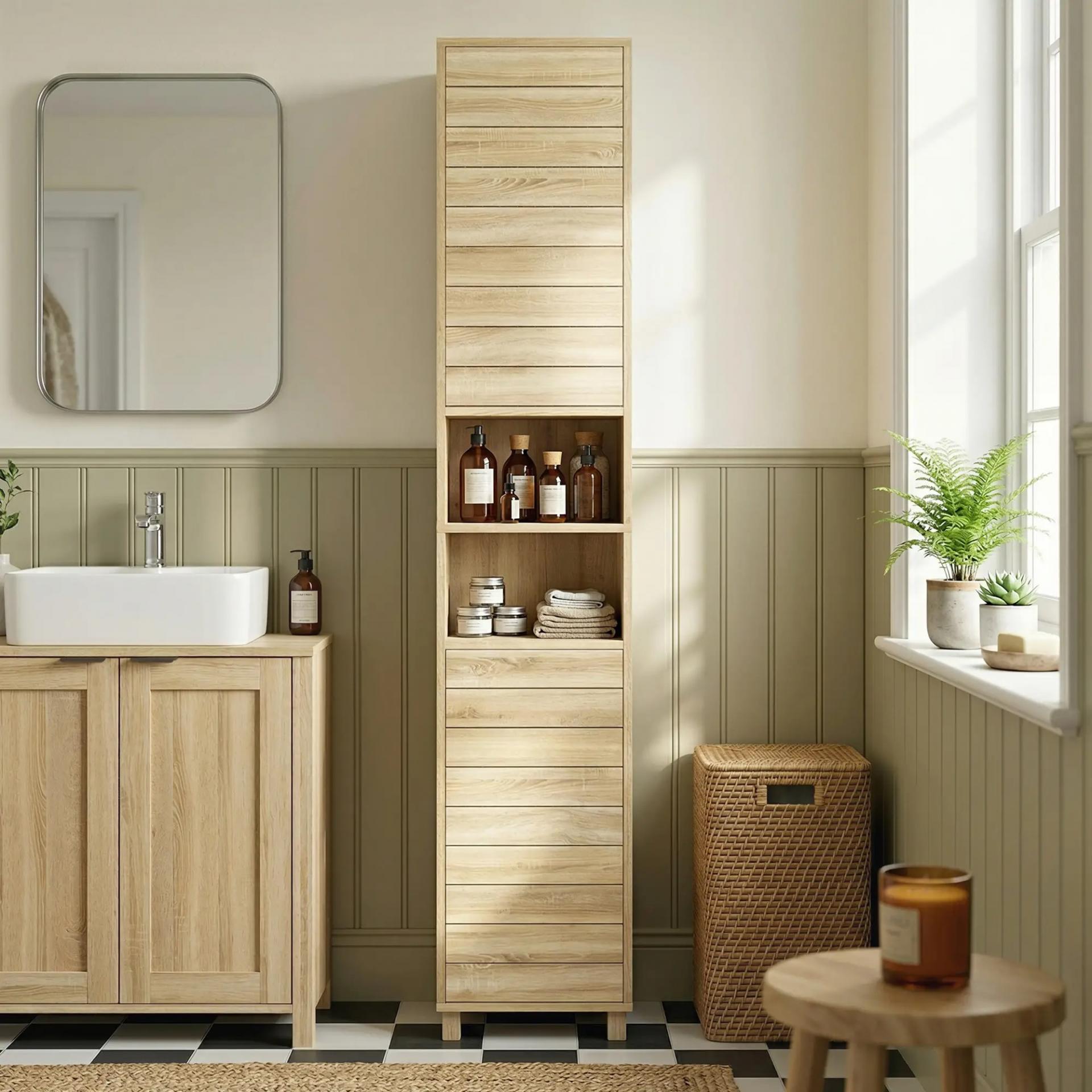 Armario Alto para Baño con Estantes Ajustables Puertas de Lamas Apertura por Presión 34x23x170 cm Natural