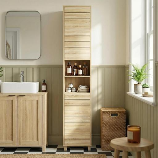 Armario Alto para Baño con Estantes Ajustables Puertas de Lamas Apertura por Presión 34x23x170 cm Natural