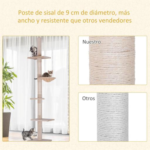 Árbol para Gatos de Suelo a Techo de 230-260 cm con Altura Ajustable Plataformas Hamaca y Postes de Sisal Beige [3]