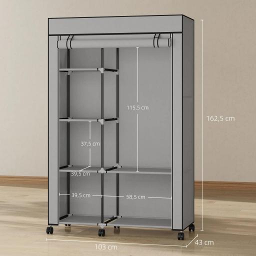 Armario de Tela con Ruedas Ropero Portátil con 6 Estantes y 1 Barra de Colgar para Dormitorio 103x43x162,5 cm Gris [1]