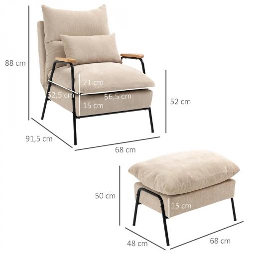 Sillón de Relax con Reposapiés Sillón Reclinable con Respaldo Ajustable Tapizado en Pana 68x91,5x88 cm Beige [1]
