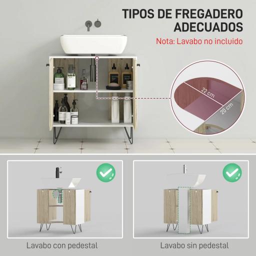 Mueble para Debajo del Lavabo Armario Bajo con 2 Puertas Estante y Patas de Acero 60x30x60 cm Roble y Blanco [2]