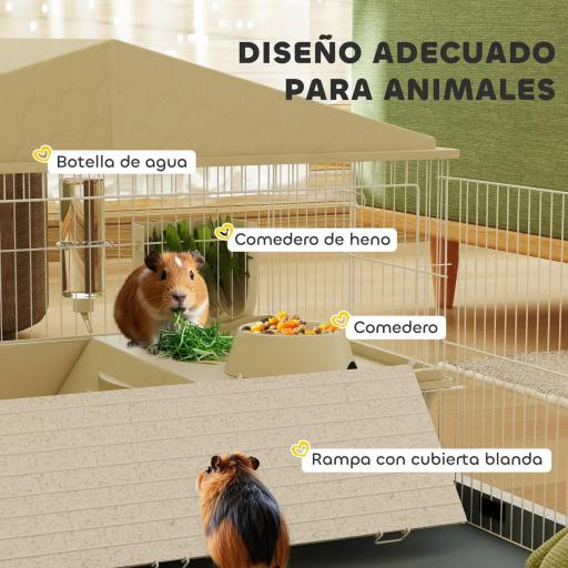 Jaula para Animales Pequeños con Corral Desmontable Cuenco Botella de Agua y Dispensador de Heno 108x71x57 cm Beige [5]