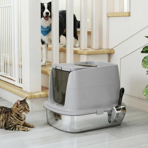Arenero para Gatos de Acero Inoxidable L con Tapa Abatible Pala Metálica Bolsa Desodorizante Fácil Limpiar Gris Claro [1]