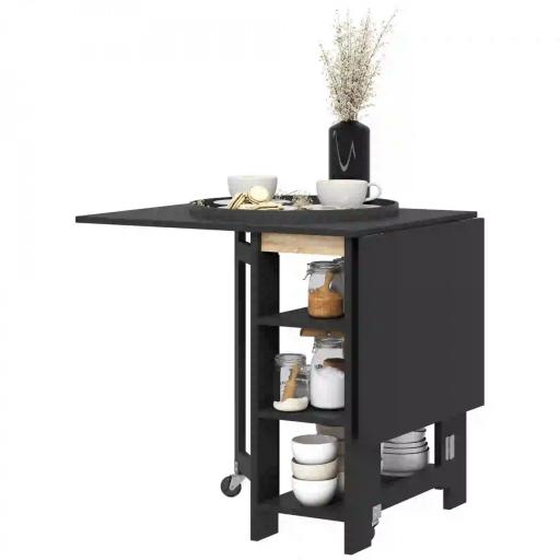 Mesa de Cocina Plegable con Alas Abatibles 2 Ruedas y Estantes Estilo Moderno 120x60x75 cm Negro [8]