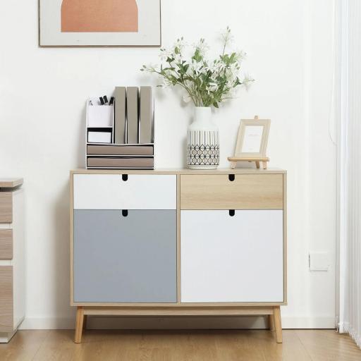 Aparador Auxiliar Mueble de Almacenamiento de Salón con 2 Armarios Cerrados y 2 Cajones Patas Elevadas de Madera de Pino para Cocina Dormitorio Entrada 100x40x79,5 cm Multicolor [5]