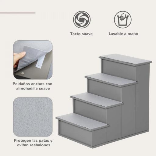 Escalera para Mascotas Escalones para Perros Gatos con Acolchados Desmontables Carga 30 kg 40x59x54,2 cm Gris [2]