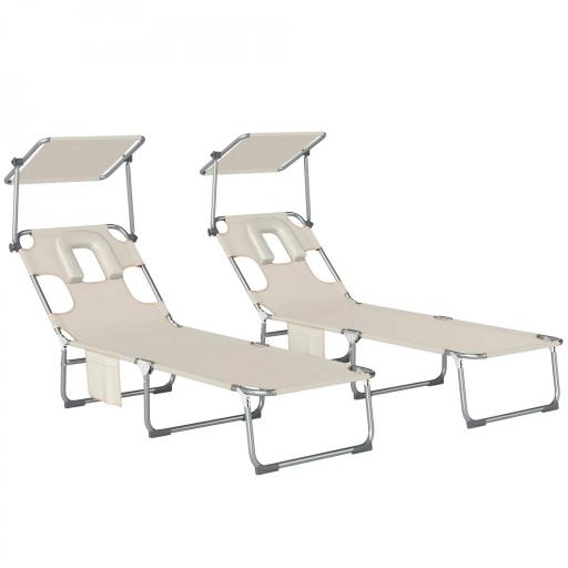 Set de 2 Tumbonas Plegables Reclinables con Dosel 360° Orificio Facial Bolsillo Lateral y Textilene 550 g/m² Beige [9]