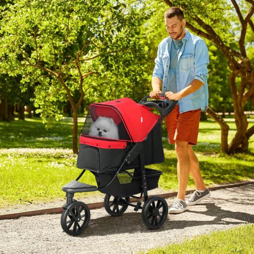 Carrito para Perros con 3 Ruedas Ventanas de Malla Cesta de Almacenaje y Correas de Seguridad 109,5x57,5x106,5 cm Rojo