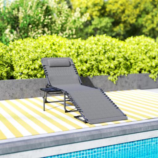 Tumbona Plegable con Respaldo Ajustable Reposacabezas Bolsillo Lateral Bandeja y Estructura de Acero 190x60x31 cm Gris [6]
