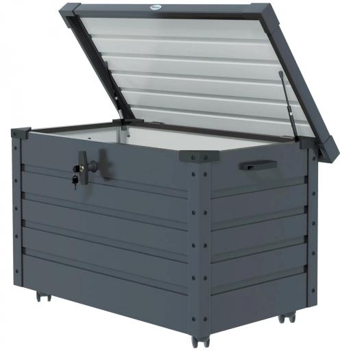 Baúl de Almacenaje Exterior de Acero Galvanizado con 4 Ruedas 2 Asas y Tapa con Cerradura 100x62x65 cm Gris Oscuro [8]