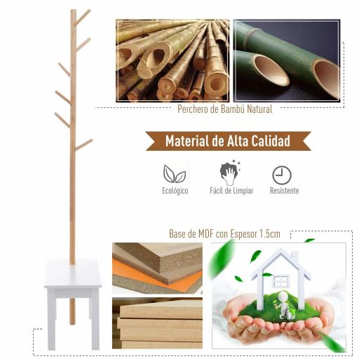 Perchero de Pie con Banco Colgador Tipo Árbol Moderno 6 Ganchos para Colgar Ropa Bolsa Pasillo Entrada Bambú y MDF 80x30x180cm [4]