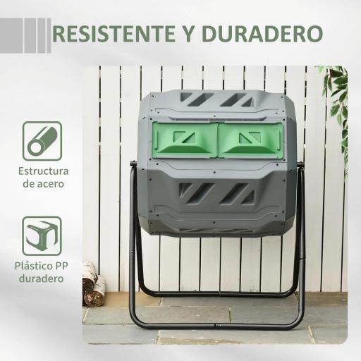 Compostador de Tambor Giratorio con Capacidad 160 Litros de Doble Cámara y Ventilación Marco de Acero 71x65x96cm Gris [2]