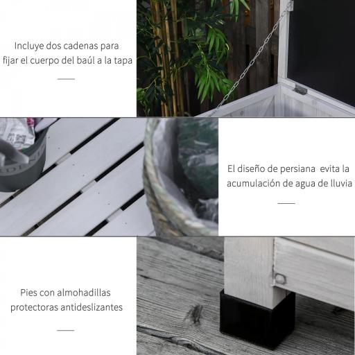 Baúl de Almacenaje Exterior 284L Arcón de Jardín de Madera Impermeable con Tapa Abrible y Diseño Persiana 127x56x60 cm Blanco [3]