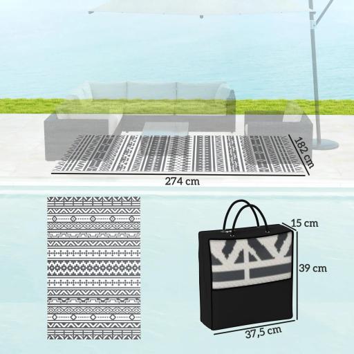 Alfombra de Exterior Reversible 182x274 cm con Patrón Geométrico de Cenefa Impermeable con Bolsa Gris y Blanco [1]