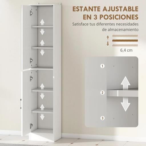 Armario para Baño Alto Mueble Columna de Baño con Espejo 2 Puertas y Estantes Ajustables Multiusos 32x28x162 cm Blanco [4]
