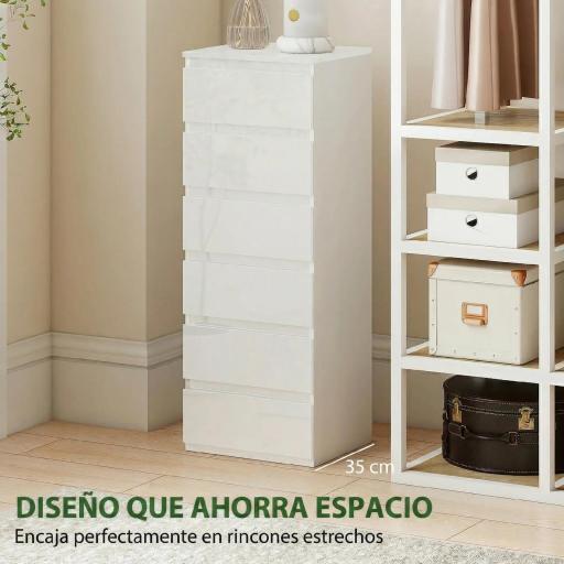 Cómoda de Dormitorio con 6 Cajones Estrecha Sinfonier Ahorro Espacio 40x35x109 cm Blanco Brillo [6]