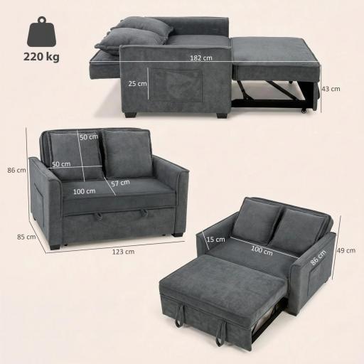 Sofá Cama 2 Plazas 3 en 1 con Respaldo Ajustable Bolsillos Laterales 2 Almohadas para Sala de Estar Gris Oscuro [1]