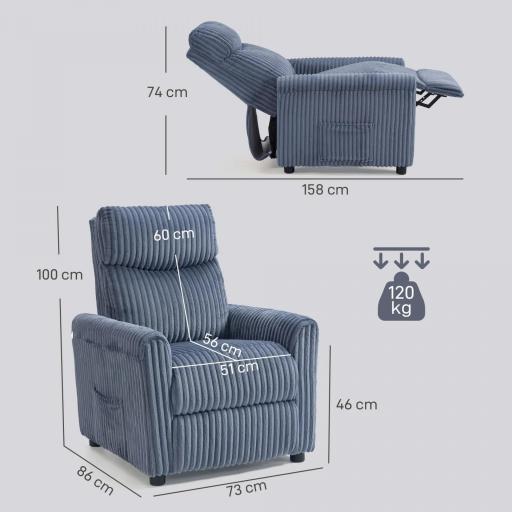 Sillón Relax Reclinable Manual Tapizado en Pana Instalación Rápida Reposapiés Acolchado Grueso Azul Oscuro [1]