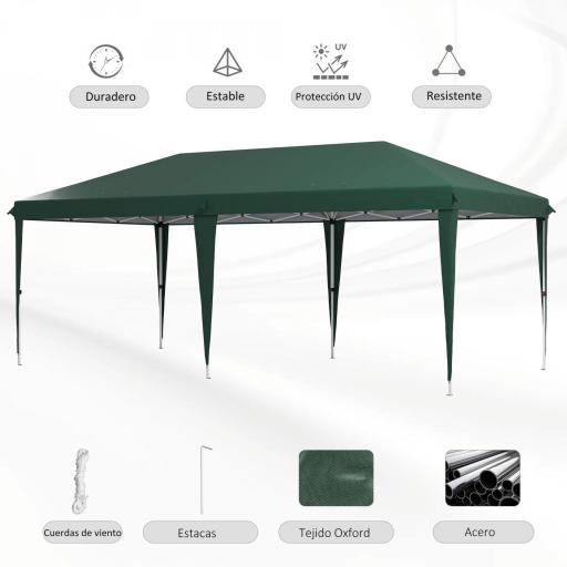 Cenador de Jardín 6x3 m Gazebo con Altura Ajustable en 3 Niveles Bolsa de Transporte Marco de Acero Anti-UV Verde [3]