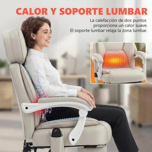  Silla de Escritorio Reclinable con Masaje Vibratorio de 6 Puntos Calor Lumbar Reposacabezas Ajustable Reposapiés Crema [3]