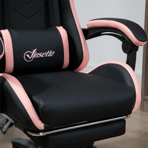 Silla Gaming Silla Gamer de Cuero PU Reclinable 135° Reposacabezas y Reposapiés 65x65x121-129 cm Negro y Rosa [7]